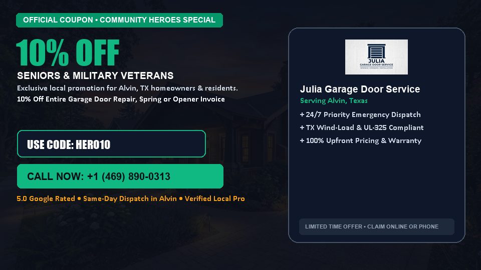 Julia Garage Door Service 10% OFF Seniors & Military Veterans in Alvin, TX